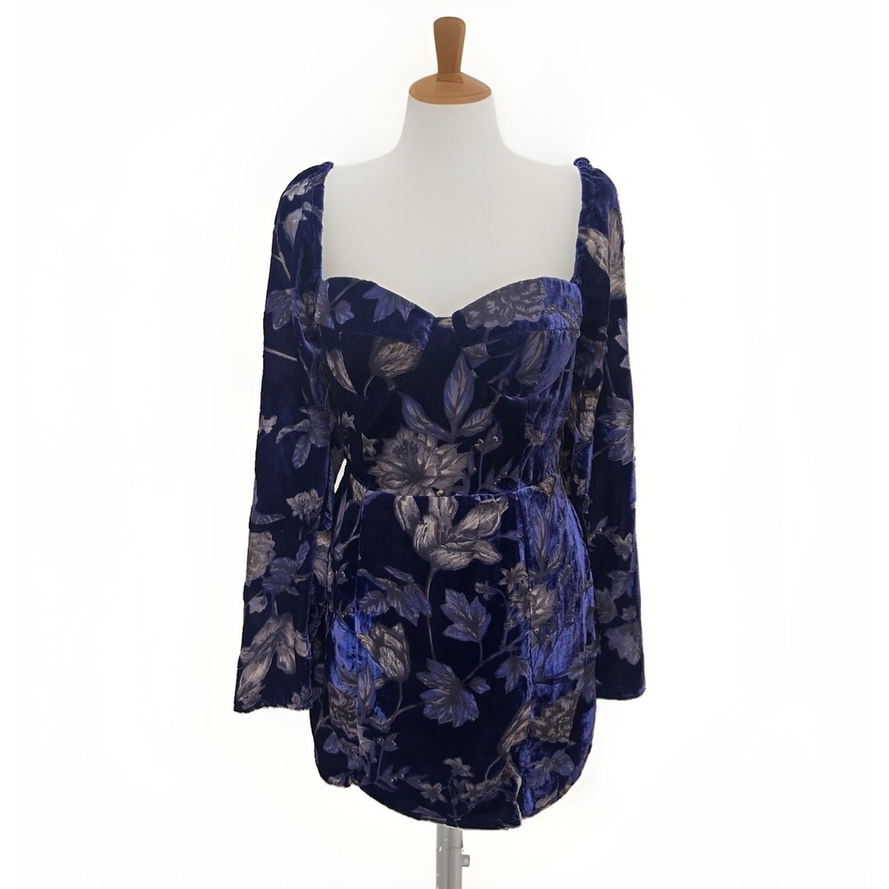 Lulus Simply Decadent Navy Floral Velvet Burnout Bustier Mini Dress M Hoco NWT